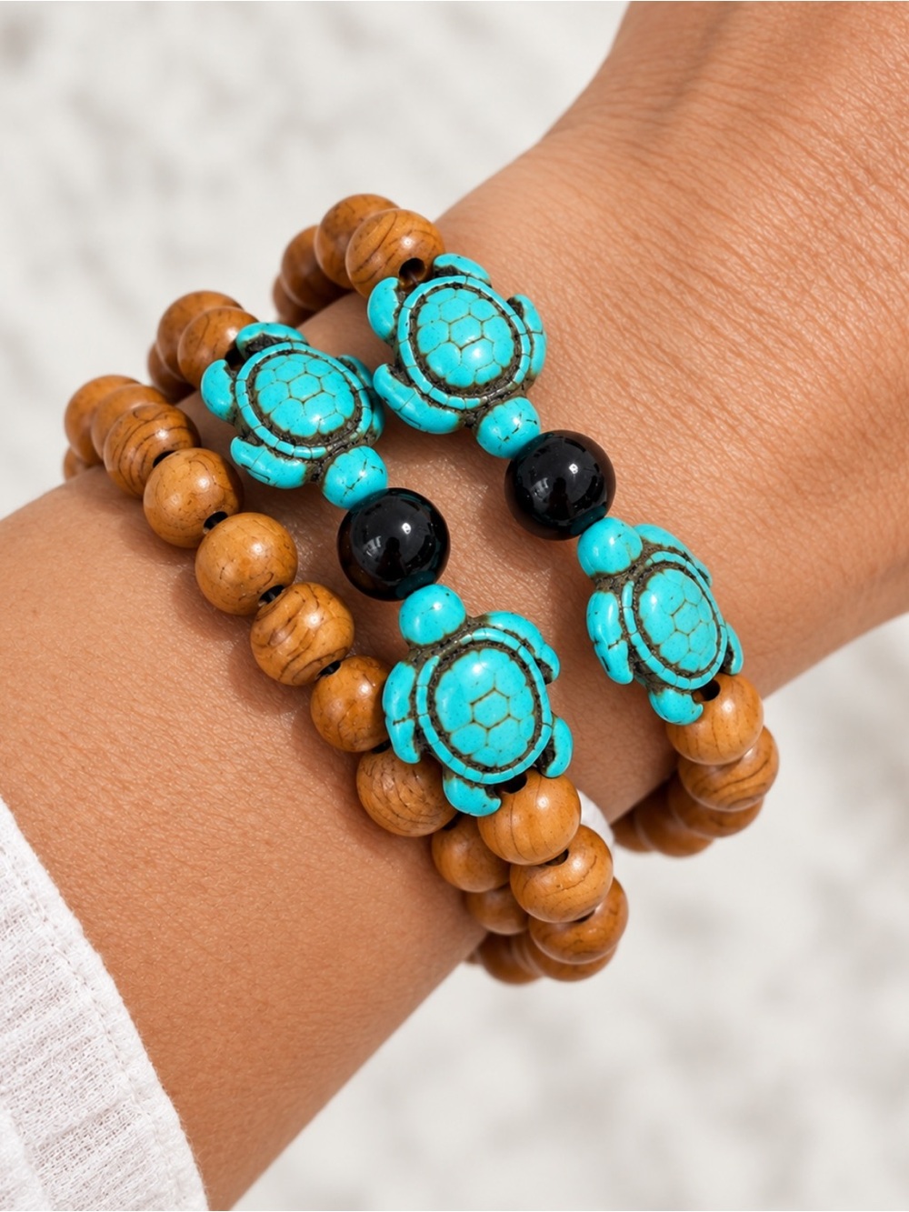 Handmade Turquoise Sea Turtle Wood Bead Stretch Bracelet Black Tourmaline Size 7